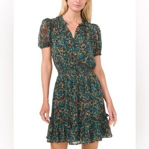 CeCe Floral Short Sleeve Tie-Neck Ruffled Dress in Mallard Blue